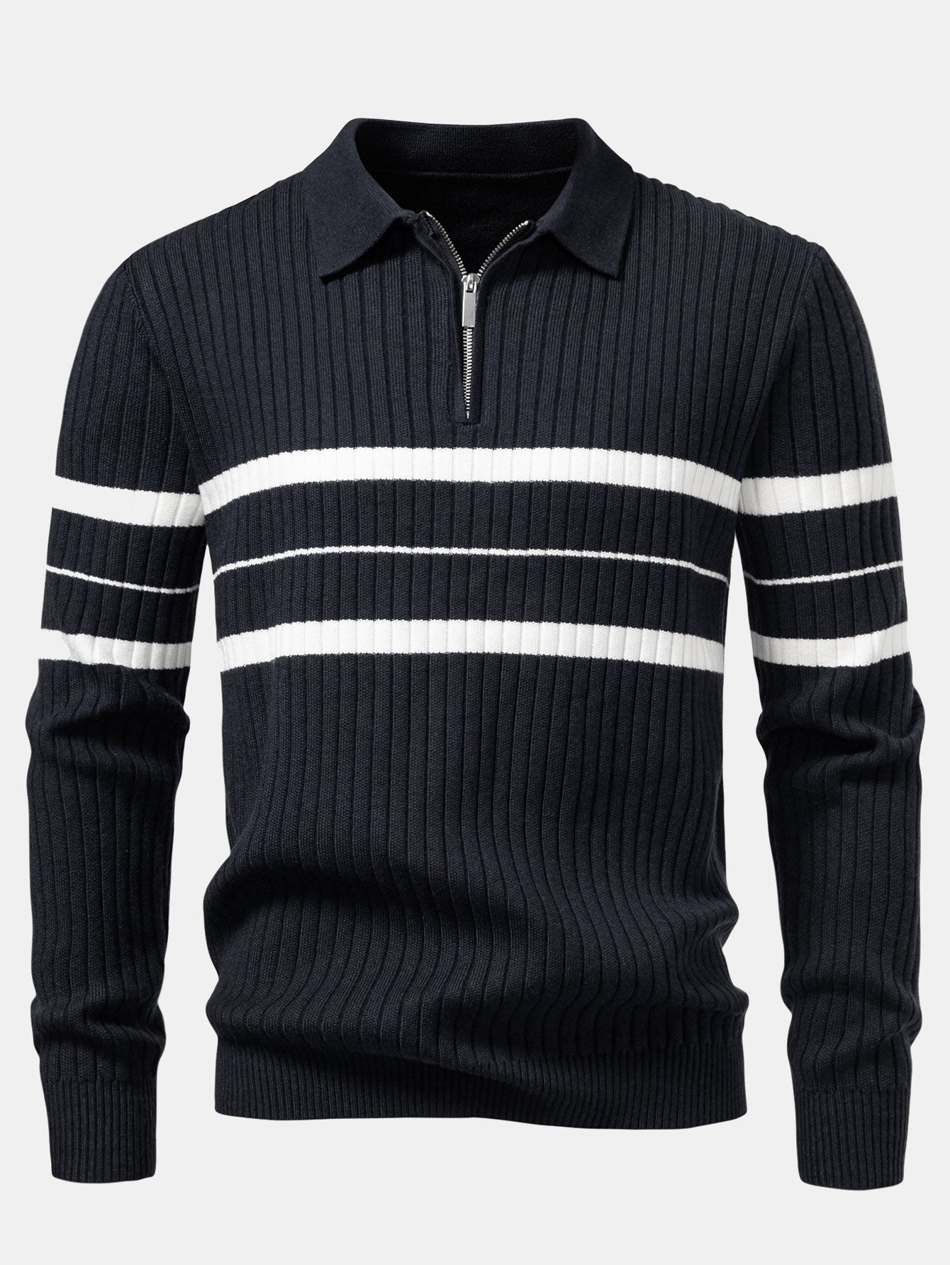 Stripe Zip Knit Ribbed Polo Shirt