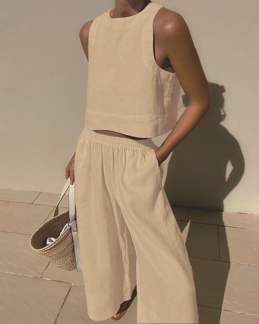 Women'S Casual Solid Color Cotton And Linen Two-Piece Suit