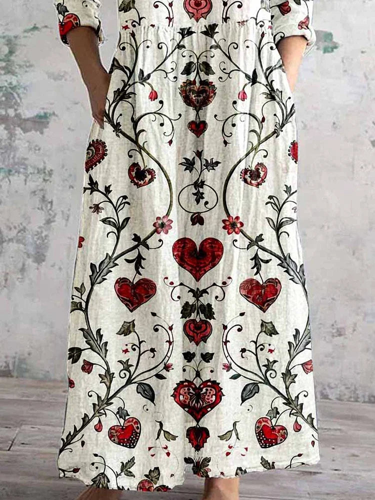 Women's V-Neck Love Floral Print Pattern Cotton And Linen Dress