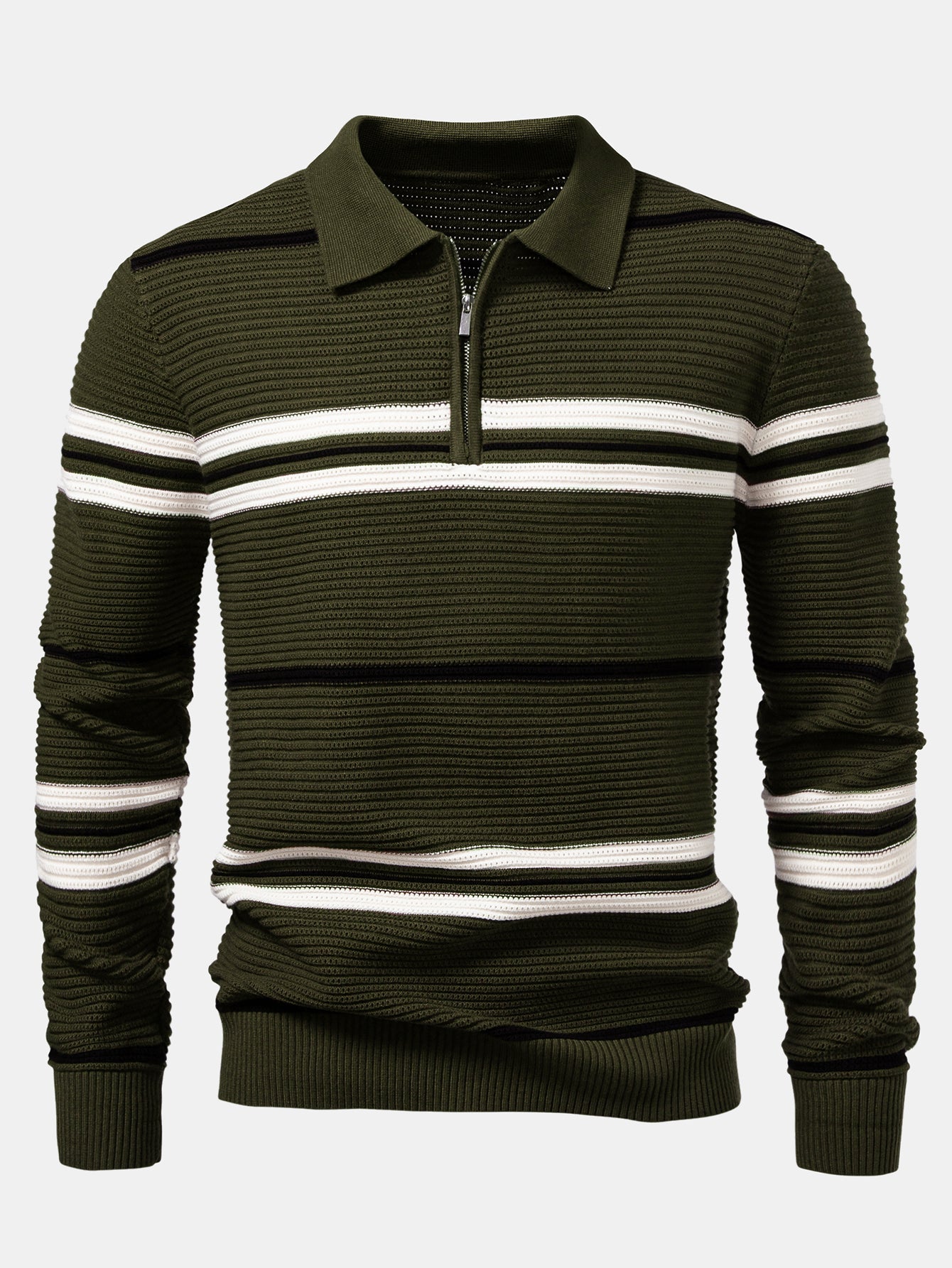 Striped Textured Zip Knit Polo Shirt