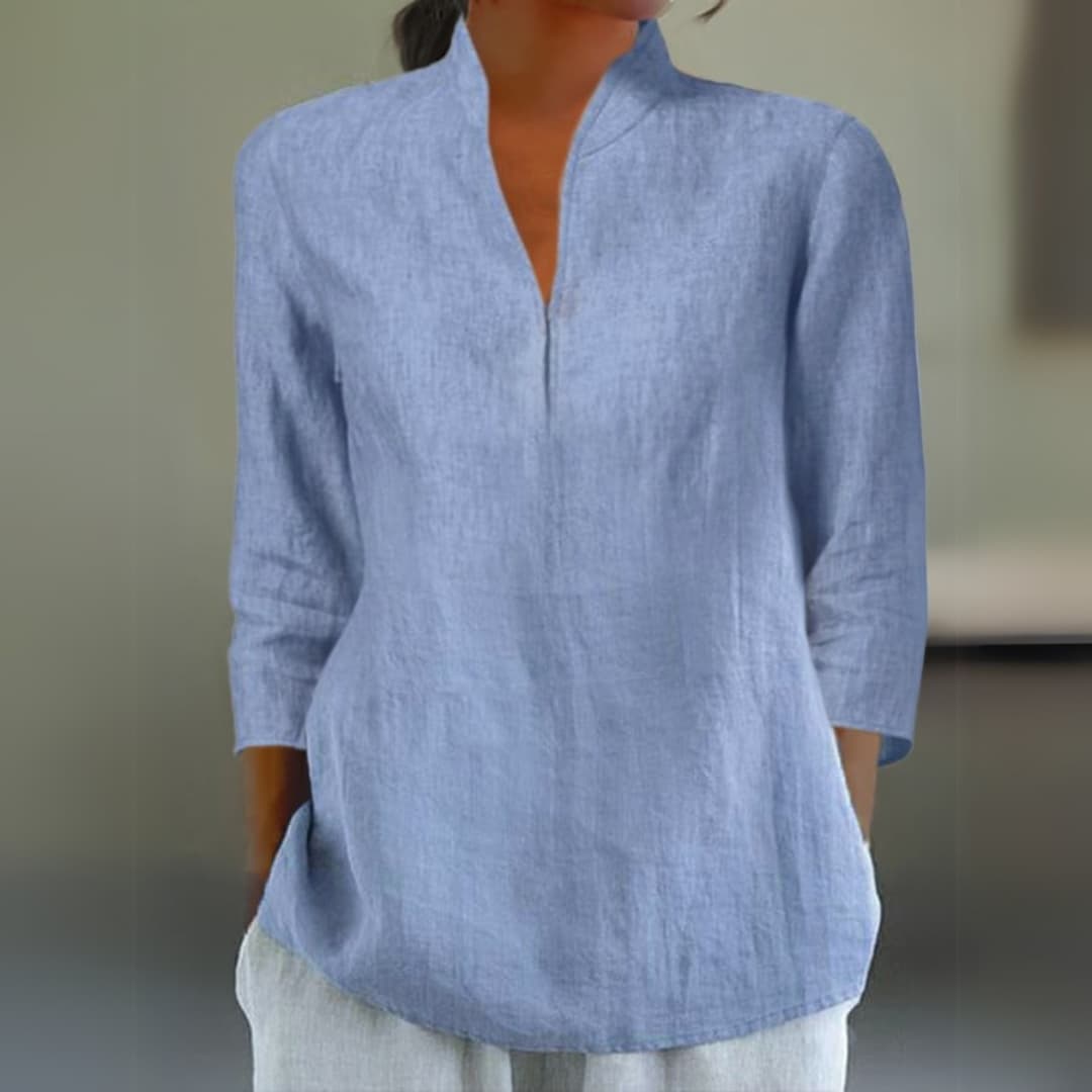 Solid Color Spring And Autumn Cotton Linen Casual Top With Stand Collar