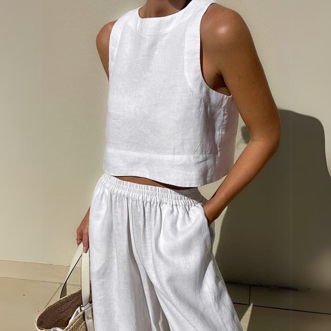 Women'S Casual Solid Color Cotton And Linen Two-Piece Suit