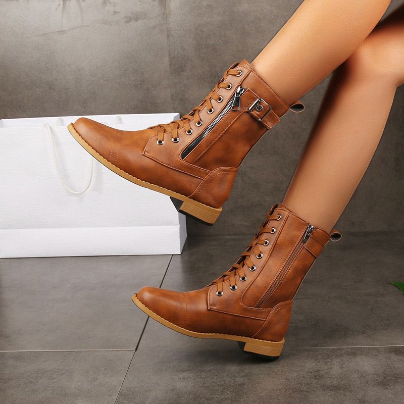 Orthopedic Women's Leather Boots with Round Toe and Side Zipper