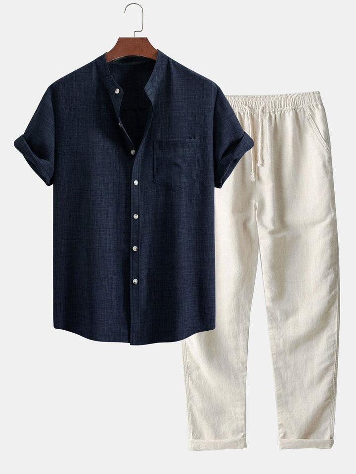 Shortd Collar Shirt & Straight Leg Linen Pants Sleeve Stan