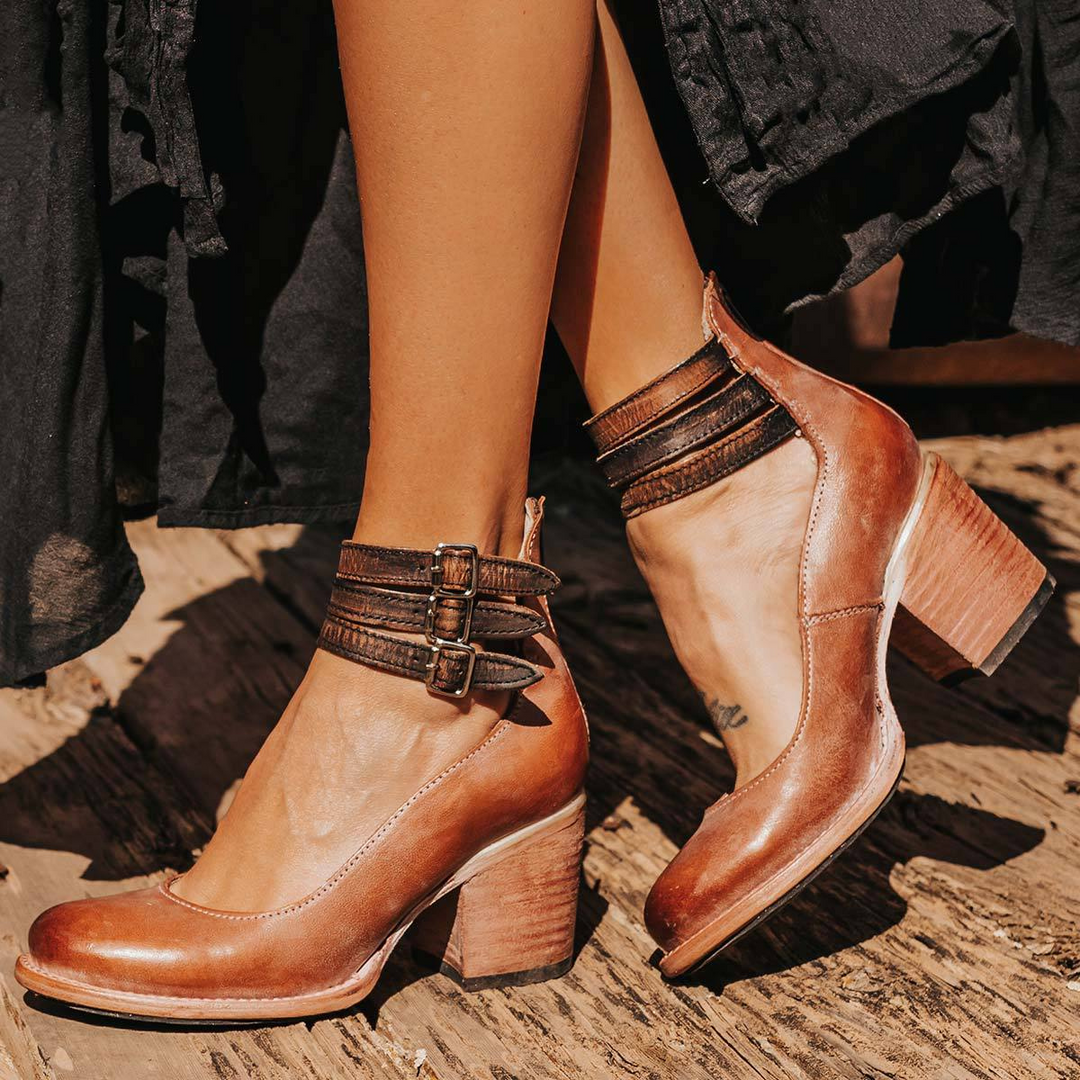 Women's Retro Ankle Strap Heeled Shoes – Block Heel and Round Toe Design
