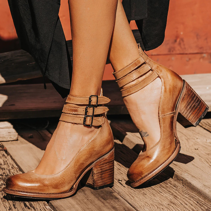 Women's Retro Ankle Strap Heeled Shoes – Block Heel and Round Toe Design