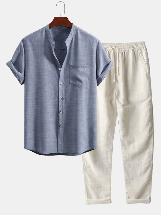 Shortd Collar Shirt & Straight Leg Linen Pants Sleeve Stan