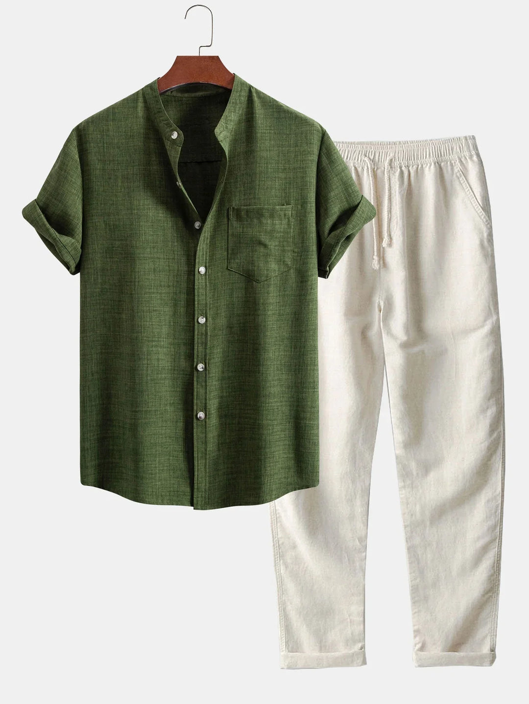 Shortd Collar Shirt & Straight Leg Linen Pants Sleeve Stan