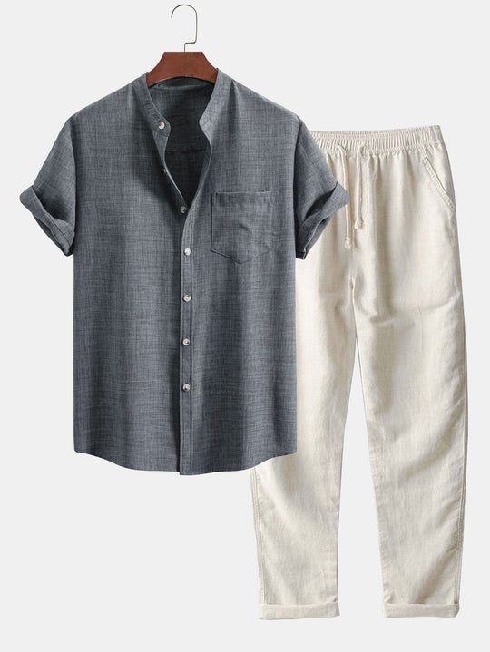 Shortd Collar Shirt & Straight Leg Linen Pants Sleeve Stan