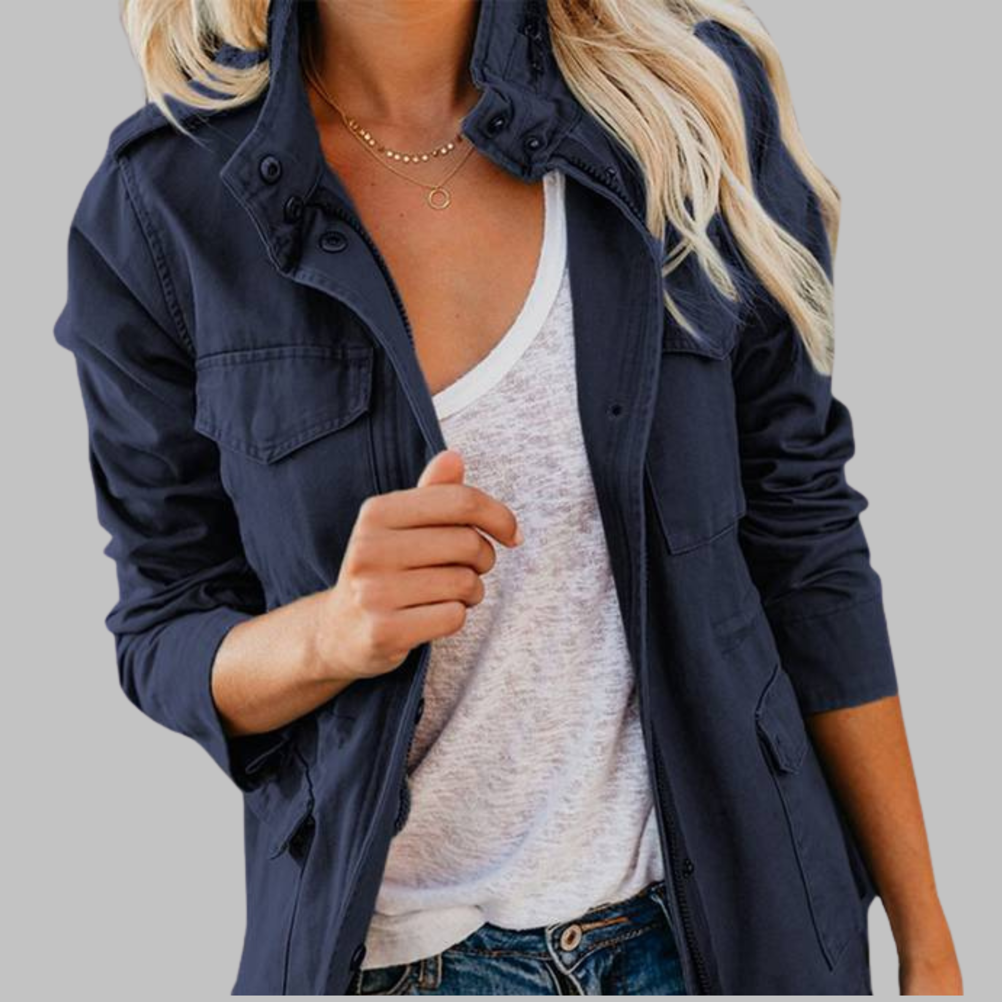 OLGA – Vintage Military Jacket with Zipper and Buttons