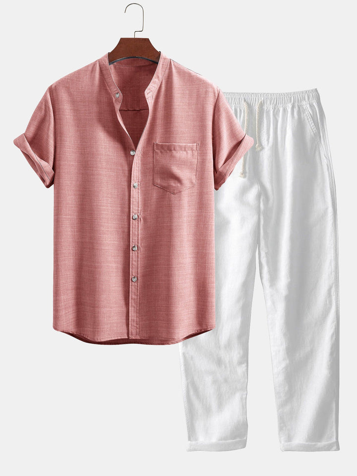 Shortd Collar Shirt & Straight Leg Linen Pants Sleeve Stan