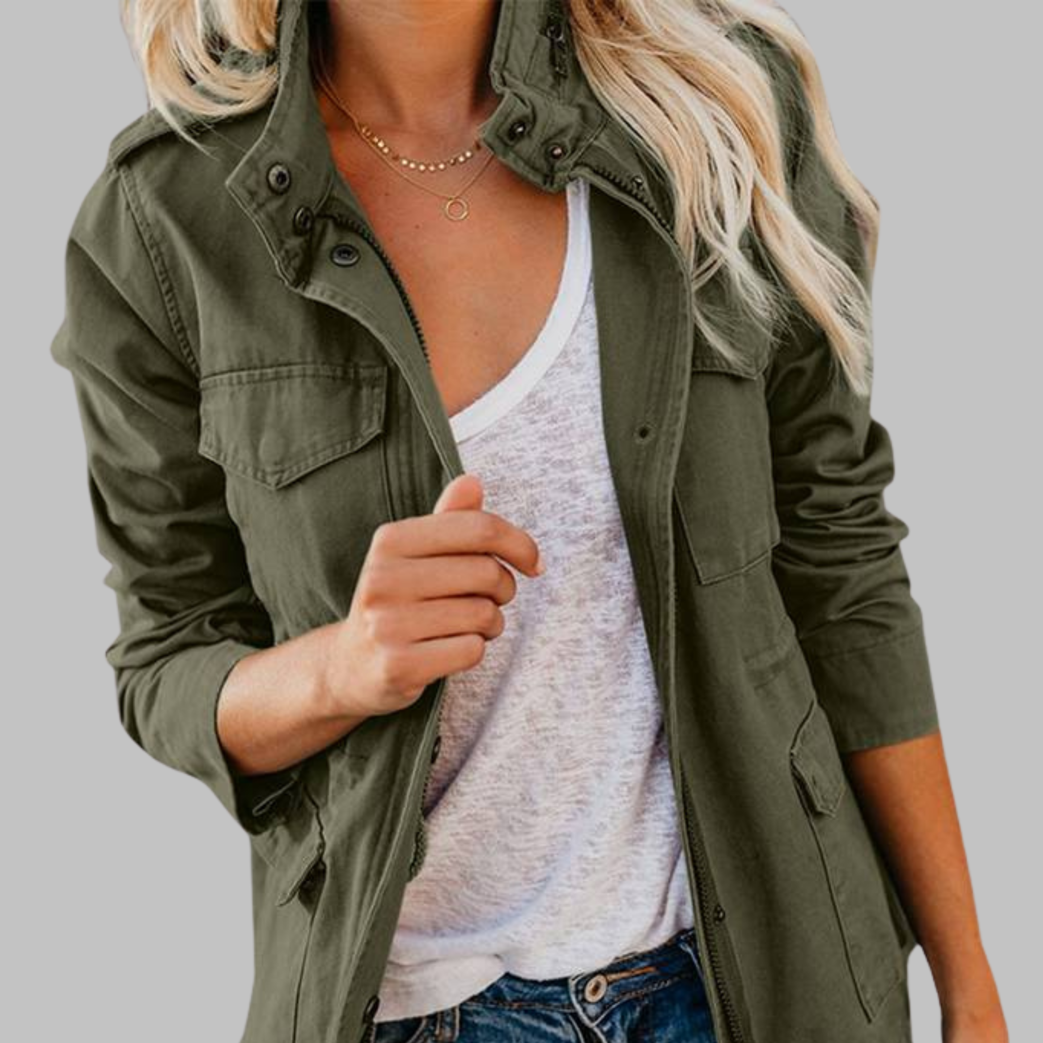 OLGA – Vintage Military Jacket with Zipper and Buttons
