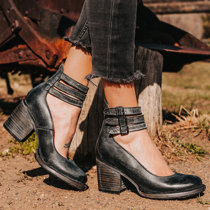 Women's Retro Ankle Strap Heeled Shoes – Block Heel and Round Toe Design