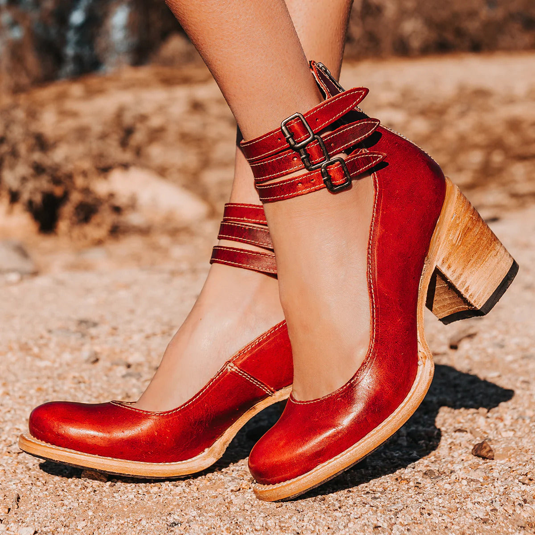 Women's Retro Ankle Strap Heeled Shoes – Block Heel and Round Toe Design