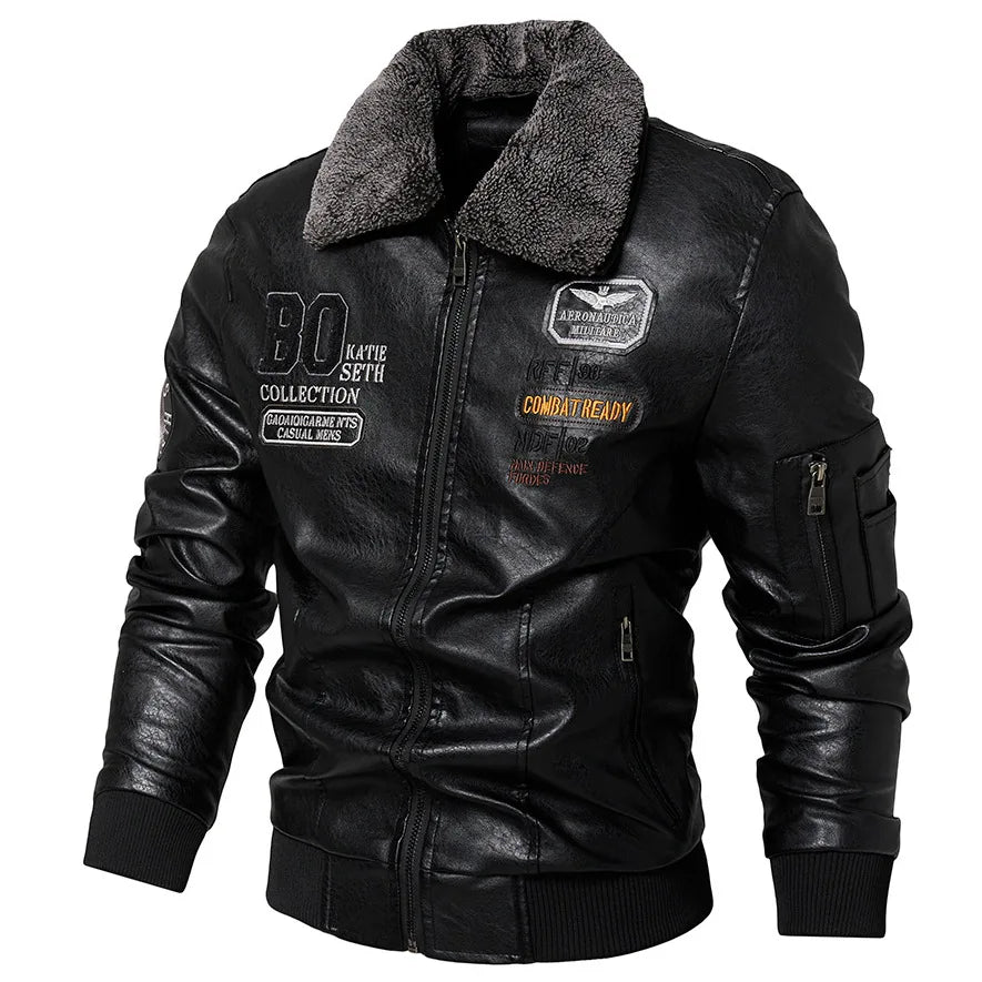 Raphaël™ - Black Aviator Jacket with Fur Collar