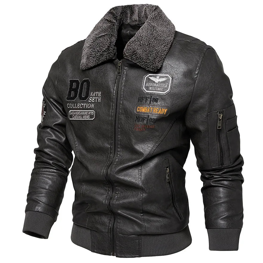 Raphaël™ - Black Aviator Jacket with Fur Collar