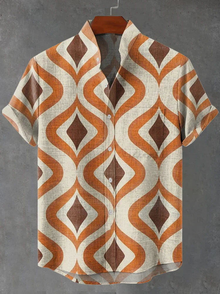 Sebastian Vintage Orange Brown Retro 1970s Style Pattern Art Print Casual Shirt