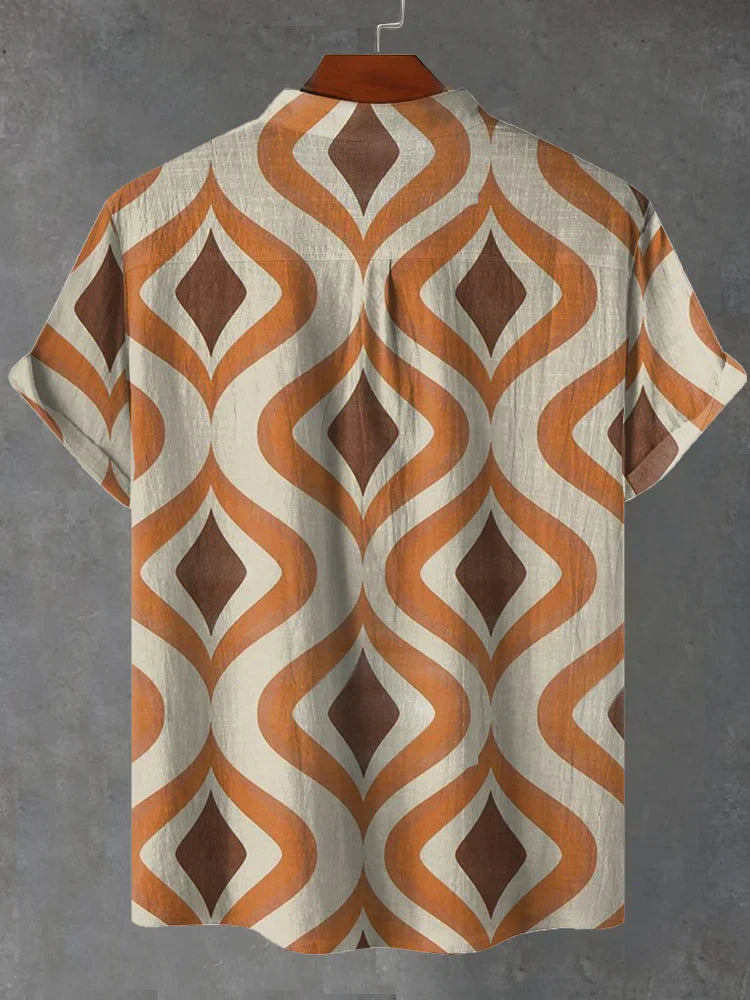 Sebastian Vintage Orange Brown Retro 1970s Style Pattern Art Print Casual Shirt