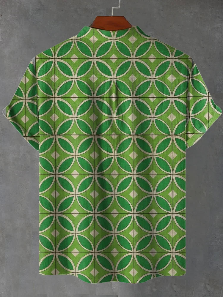 Julian Vintage Pale Green Tones Grey Geometric Pattern Floor Tiles Print Casual Shirt