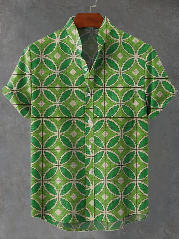 Julian Vintage Pale Green Tones Grey Geometric Pattern Floor Tiles Print Casual Shirt