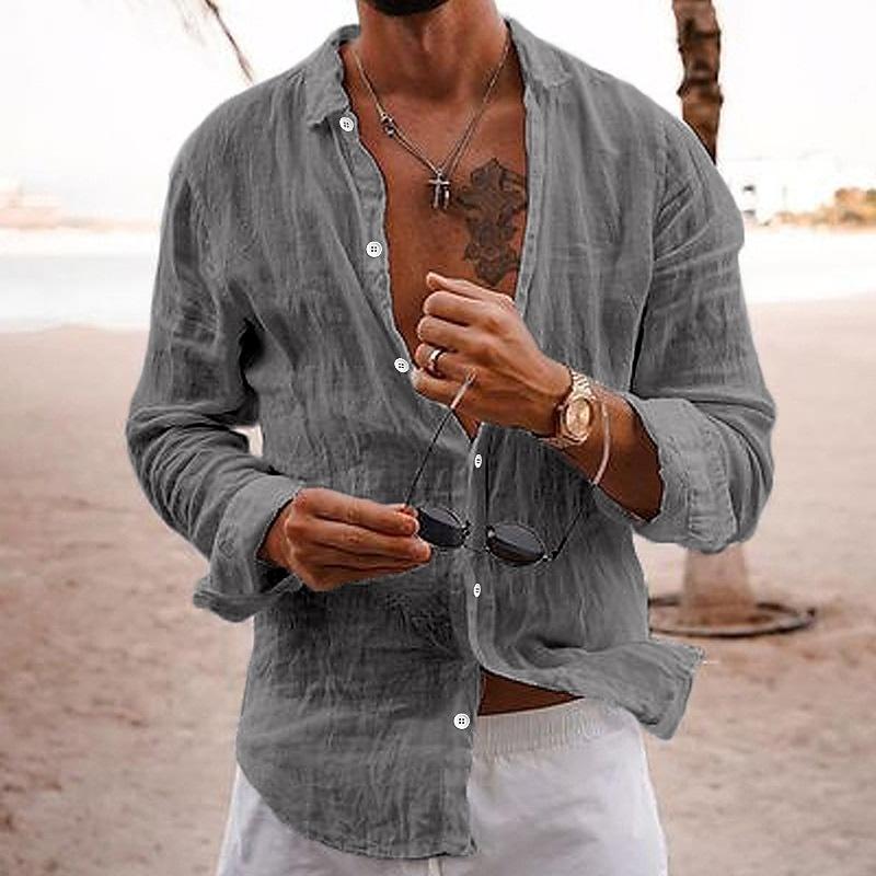 Men's Casual Solid Color Lapel Cotton Linen Long-Sleeved Shirt