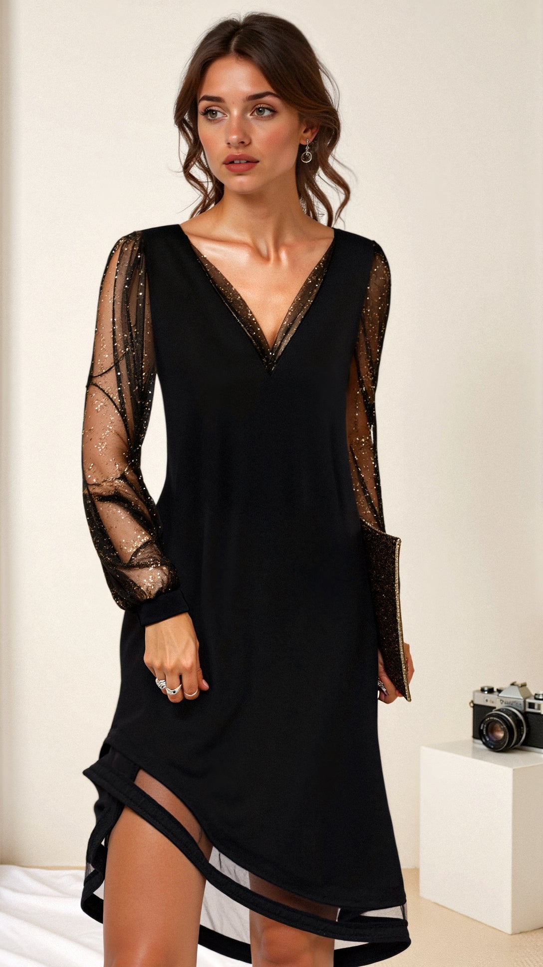 Matilda evening dress with sheer sleeves