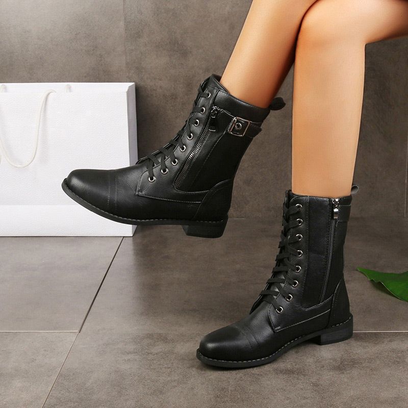 Orthopedic Women's Leather Boots with Round Toe and Side Zipper