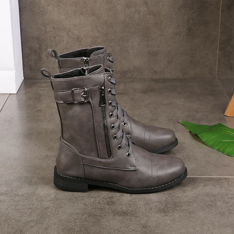Orthopedic Women's Leather Boots with Round Toe and Side Zipper