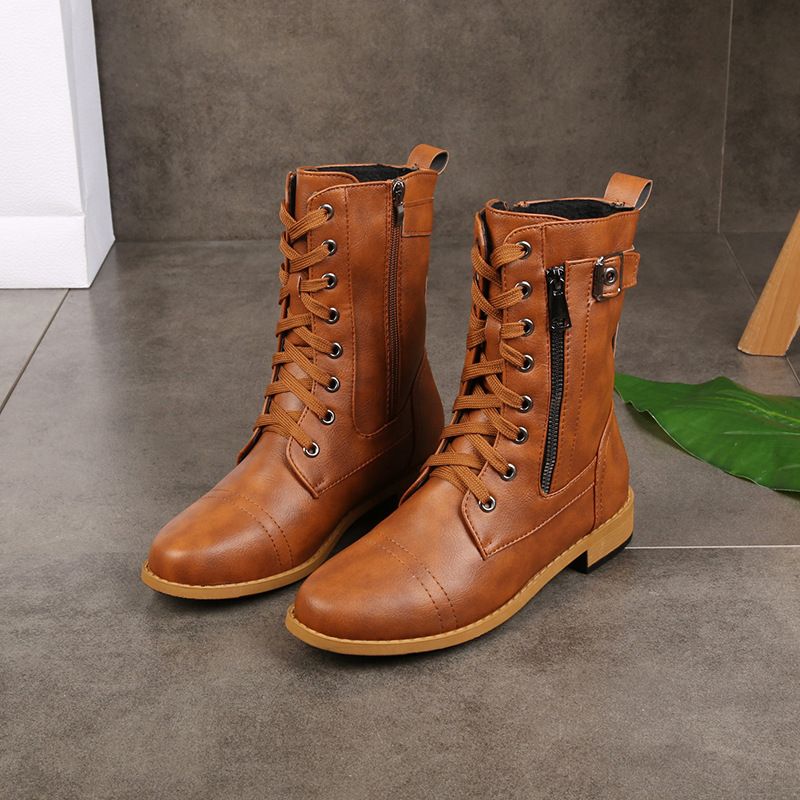 Orthopedic Women's Leather Boots with Round Toe and Side Zipper